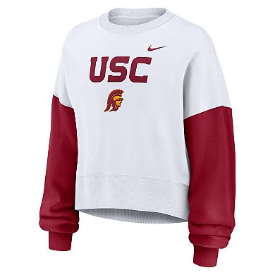 Women's Nike White USC Trojans Color-Block Oversized Cropped Pullover Sweatshirt