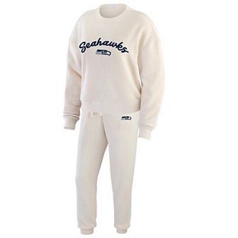 Women's WEAR by Erin Andrews Oatmeal Seattle Seahawks Plus Size Rib-Knit Long Sleeve T-Shirt & Pants Lounge Set