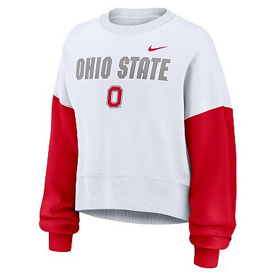 Women's Nike White Ohio State Buckeyes Color-Block Oversized Cropped Pullover Sweatshirt