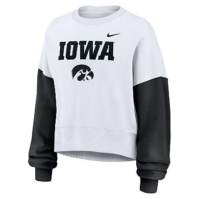 Women's Nike White Iowa Hawkeyes Color-Block Oversized Cropped Pullover Sweatshirt