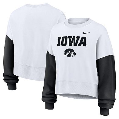 Women's Nike White Iowa Hawkeyes Color-Block Oversized Cropped Pullover Sweatshirt