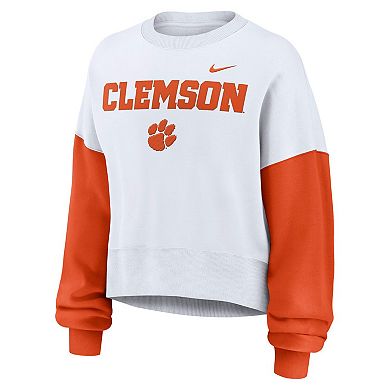 Women's Nike White Clemson Tigers Color-Block Oversized Cropped Pullover Sweatshirt