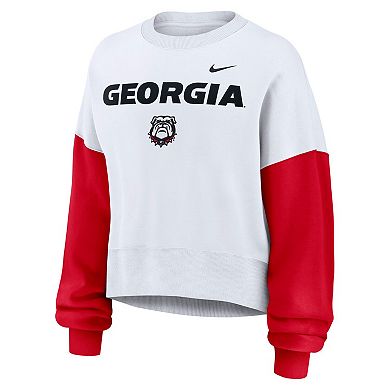 Women's Nike White Georgia Bulldogs Color-Block Oversized Cropped Pullover Sweatshirt