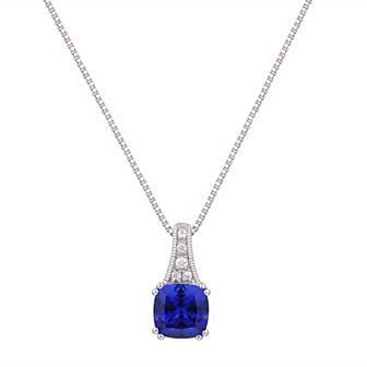 Rhodium Over Sterling Silver Square Gemstone With Lab-Created White Sapphire Accents Pendant Necklace