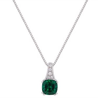 Rhodium Over Sterling Silver Square Gemstone With Lab-Created White Sapphire Accents Pendant Necklace