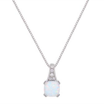 Rhodium Over Sterling Silver Square Gemstone With Lab-Created White Sapphire Accents Pendant Necklace