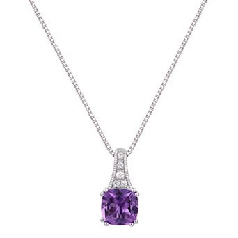 Rhodium Over Sterling Silver Square Gemstone With Lab-Created White Sapphire Accents Pendant Necklace