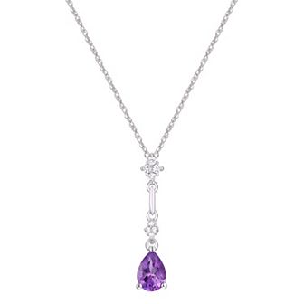 Rhodium Over Sterling Silver Teardrop Gemstone With Lab-Created White Sapphire Accents Pendant Necklace