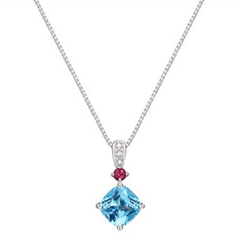 Rhodium Over Sterling Silver 1 9/10 Carat T.W. Swiss Blue Topaz, Pink Tourmaline with Diamond Accent Pendant Necklace