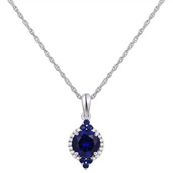 Rhodium Over Sterling Silver Lab-Created Blue Sapphire With Lab-Created White Sapphire Accents Pendant Necklace