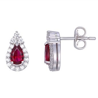 Rhodium Over Sterling Silver Lab-Created Ruby With Lab-Created White Sapphire Accents Stud Earrings