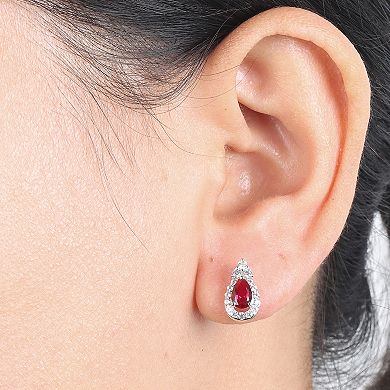 Rhodium Over Sterling Silver Lab-Created Ruby With Lab-Created White Sapphire Accents Stud Earrings