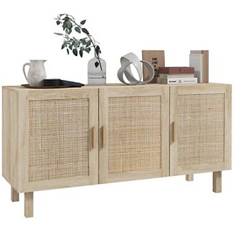 Kitchen Storage Organizer Cabinet W/3 Rattan Doors & Adjustable Shelves, Natural