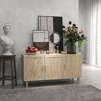 Kitchen Storage Organizer Cabinet W/3 Rattan Doors & Adjustable Shelves, Natural