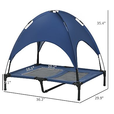 Elevated Dog Cot With Uv Protection Canopy Shade, 36 Inch, Dark Blue