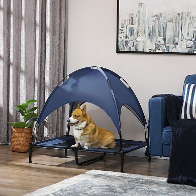 Elevated Dog Cot With Uv Protection Canopy Shade, 36 Inch, Dark Blue