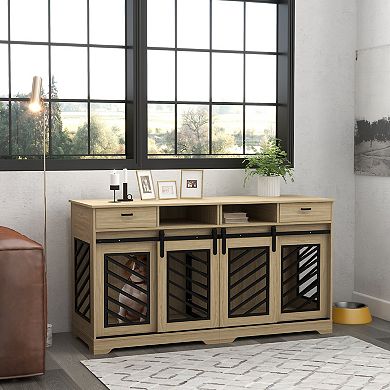 Pawhut 66" Dog Crate Furniture With Removable Divider, Drawers