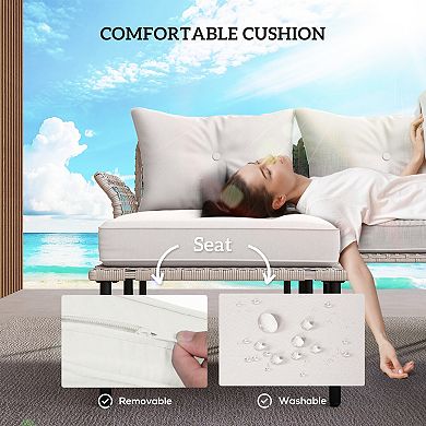 Outsunny 5 PCs Patio Furniture Set with Sofa, Chaise Lounge, Table, Cream