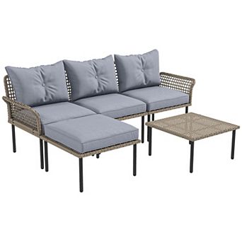 Outsunny 5 pc Patio Furniture Set With Sofa, Chaise Lounge, Table