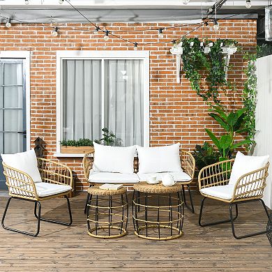 Outsunny 5 Pieces Pe Rattan Outdoor Furniture Sets With Cushions, White