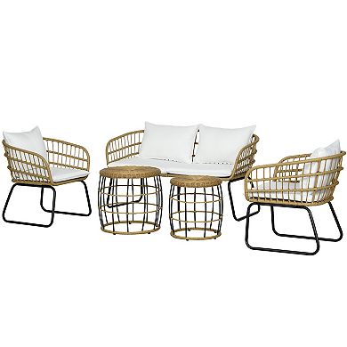 Outsunny 5 Pieces Pe Rattan Outdoor Furniture Sets With Cushions, White