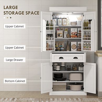HOMCOM 71" Kitchen Pantry Cabinet with Large Storage and LED Lights,