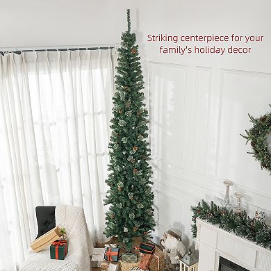 Homcom 9.5ft Pencil Christmas Tree With Pine Cones And Metal Base