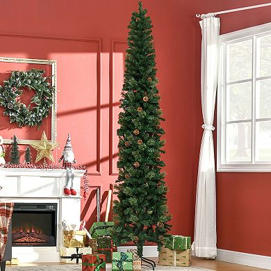 Homcom 9.5ft Pencil Christmas Tree With Pine Cones And Metal Base