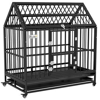 Pawhut 48" Steel House Dog Crate With Wheels, Black
