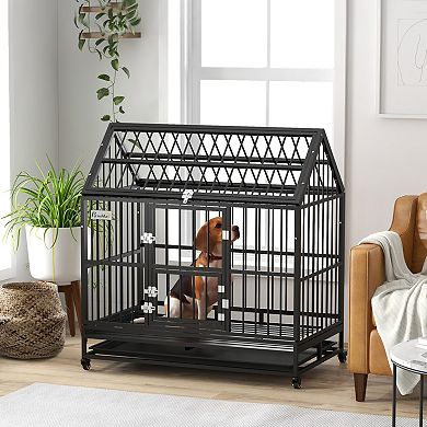 PawHut 48" Steel House Dog Crate with Wheels,