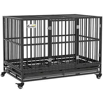 Pawhut 48" Heavy Duty Dog Crate Metal Cage Kennel With Lockable Wheels