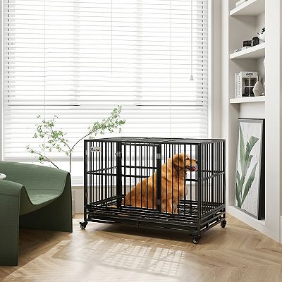 212 Main D02 018V03GY Paw Hut 48 in. Heavy Duty Dog Crate Metal Cage with Lockable Wheels Double Door Removable Tray Gray