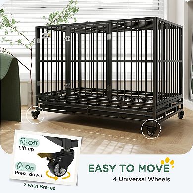 Pawhut 48" Heavy Duty Dog Crate Metal Cage Kennel With Lockable Wheels