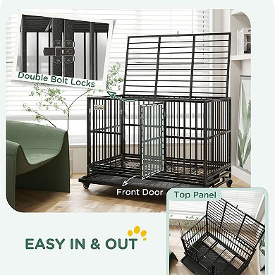 Pawhut 48" Heavy Duty Dog Crate Metal Cage Kennel With Lockable Wheels