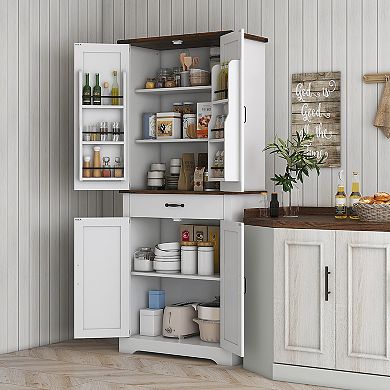Homcom Farmhouse Kitchen Pantry Storage Cabinet W/ Doored Shelves, Drawer