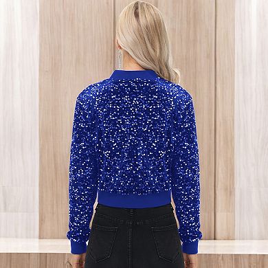 Women's Sequin Jacket Cropped Two-Way-Zipper Glitter Bomber Jacket