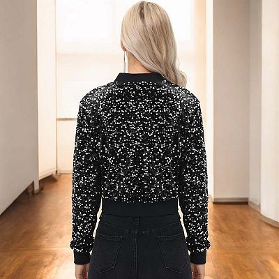 Women's Sequin Jacket Cropped Two-Way-Zipper Glitter Bomber