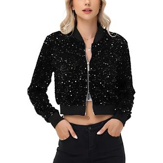Women's Sequin Jacket Cropped Two-Way-Zipper Glitter Bomber Jacket