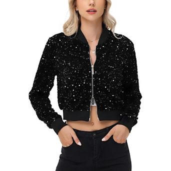 Women's Sequin Jacket Cropped Two-Way-Zipper Glitter Bomber Jacket