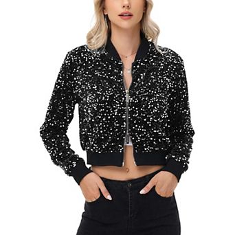 Women's Sequin Jacket Cropped Two-Way-Zipper Glitter Bomber Jacket