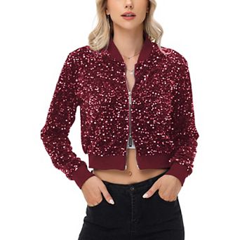Women's Sequin Jacket Cropped Two-Way-Zipper Glitter Bomber Jacket