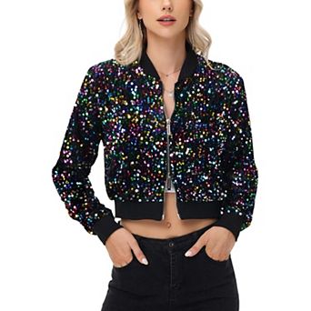 Women's Sequin Jacket Cropped Two-Way-Zipper Glitter Bomber Jacket