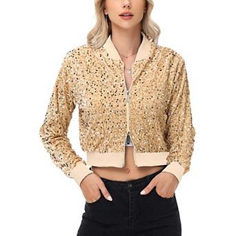 Women's Sequin Jacket Cropped Two-Way-Zipper Glitter Bomber Jacket