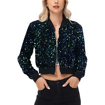 Women's Sequin Jacket Cropped Two-Way-Zipper Glitter Bomber Jacket