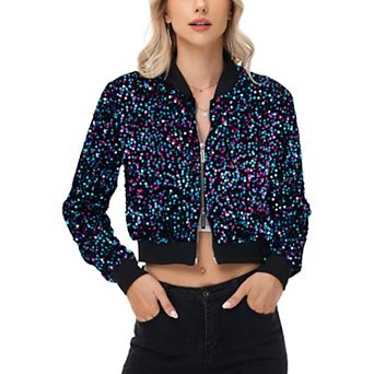 Women's Sequin Jacket Cropped Two-Way-Zipper Glitter Bomber Jacket