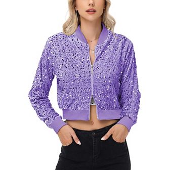Women's Sequin Jacket Cropped Two-Way-Zipper Glitter Bomber Jacket