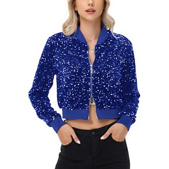 Women's Sequin Jacket Cropped Two-Way-Zipper Glitter Bomber Jacket