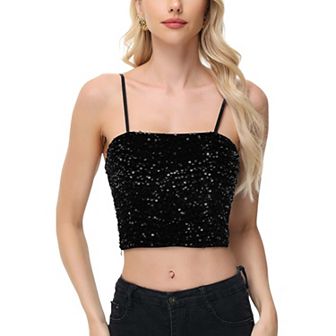 Women's Sequin Cami Tops Crop Glitter Spaghetti Strap Tube Top