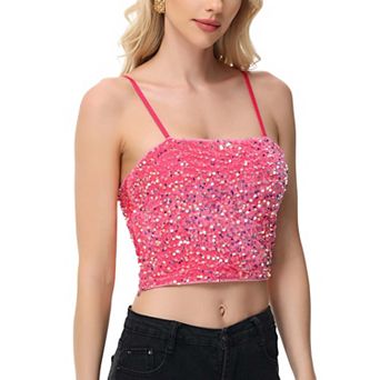 Women's Sequin Cami Tops Crop Glitter Spaghetti Strap Tube Top