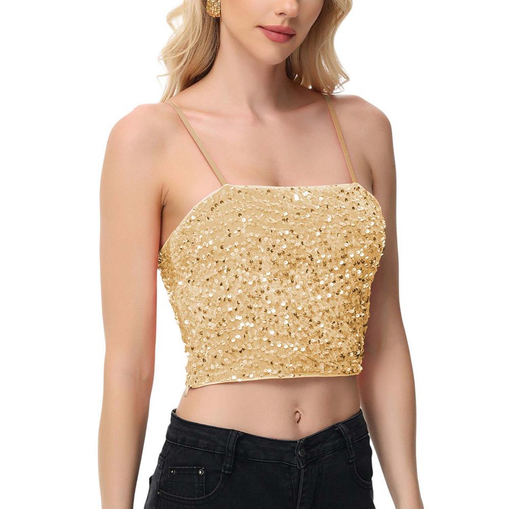 Women's Sequin Cami Tops Crop Glitter Spaghetti Strap Tube Top